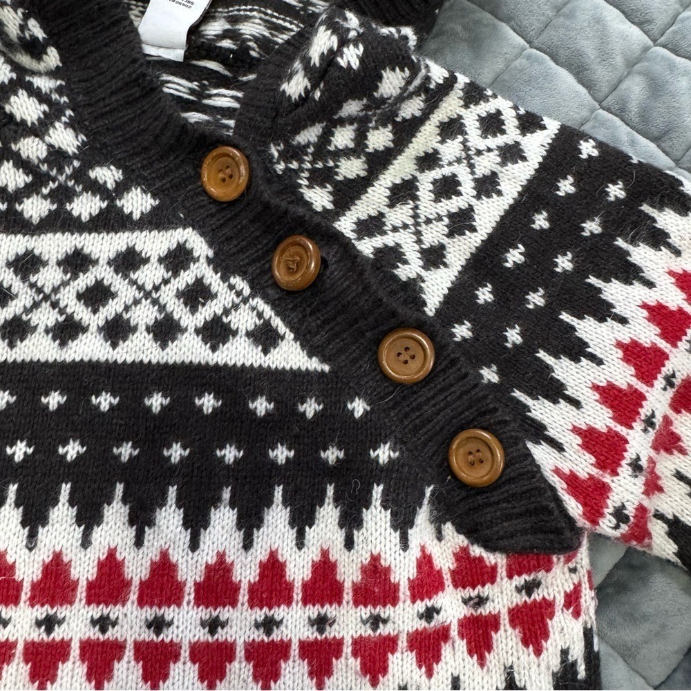 Burton Sweater Fair Isle Hooded Navy Red White Assymetrical Collar Ski Lodge XS - Picture 3 of 8